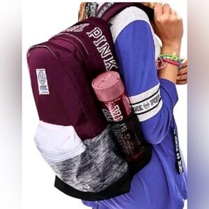 PINK Victoria's Secret Maroon, White & Gray preppy Backpack bag Bottle Pocket